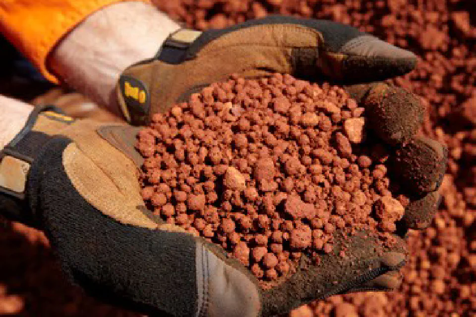 Someone wearing gloves holding dried red mud.
